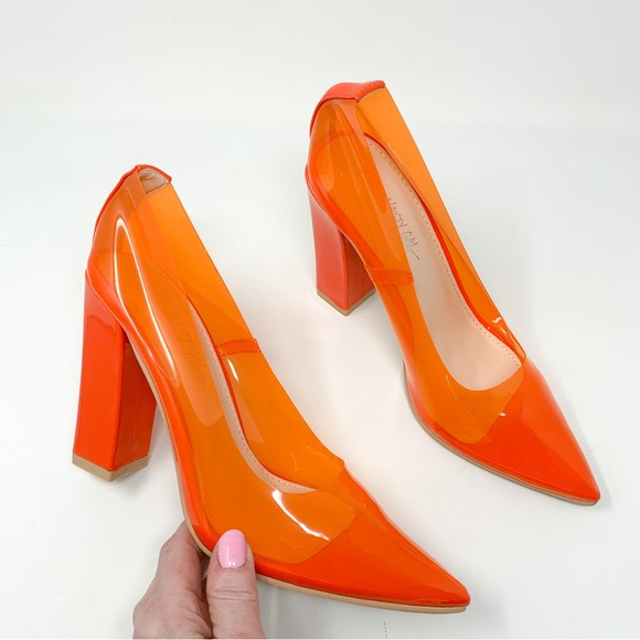 NEW Nasty Gal Clear Vinyl Patent Pointed Toe Block Heel Pumps Orange Retro 36 - Picture 3 of 8